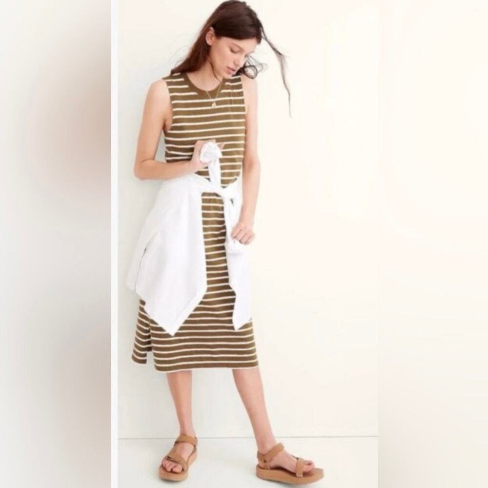Madewell Organic Cotton Green Brown Stripe Crewneck Tank Midi Dress Sz.M